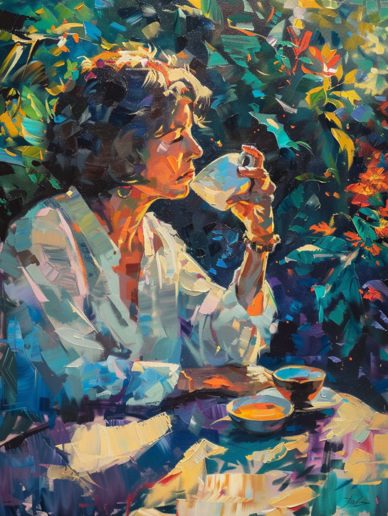 susanne_in_a_garden_a_50_year_old_woman_is_drinking_tea_oil_p_5d9d4b98-8140-4bb3-b009-b85e66eeb9de_0